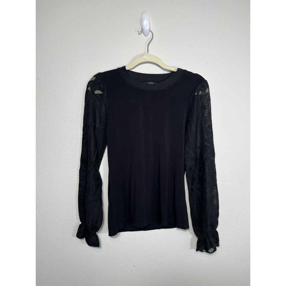 Tahari Blouse Womens Sz XS Black Modal Embroidered Puff Sleeve Boho Whimsigoth